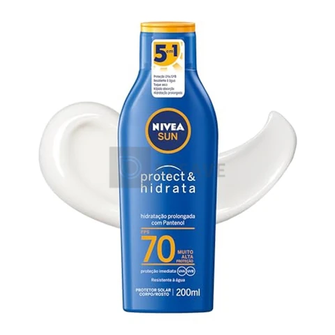 NIVEA SUN Protetor Solar Protect & Hidrata FPS 70 200ml, Muito Alta Proteção UVA/UVB, Hidratação Prolongada, Rápida Absorção, Pantenol, Cuidado Solar Corporal e Facial