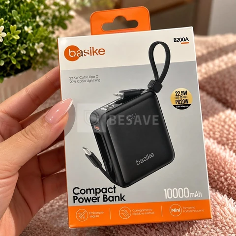 Power Bank Basike 10000mAh Turbo Carga Rápida 22.5W com Cabos para iPhone e Android