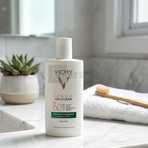 Vichy Capital Soleil UV-Clear Protetor Solar Facial Antioleosidade e Antiacne Sem Cor, Toque Seco FPS 60, com Niacinamida e Ácido Salicílico, Acabamento Invisível, 40g