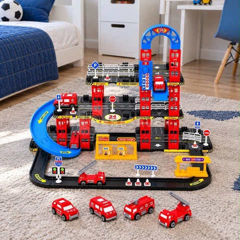 Pista De Carrinhos Bombeiros Brinquedo Infantil Corrida Vermelho