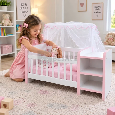 Berço de Boneca Infantil Reborn com Cômoda Colchão Mosquiteiro e Véu