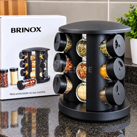 Porta Tempero De Vidro 10 Peças Brinox Lock & Preto