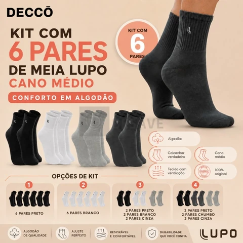 Kit Com 6 Pares De Meias Lupo Sport Cano Médio Esportiva Adulto Em Algodão