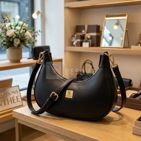 Bolsa Feminina Tote Meia Lua De Ombro E Mão Sofisticada Acambamento dos ferragens Ouro Cor Preto Correia de ombro Preto Desenho do tecido Lisa