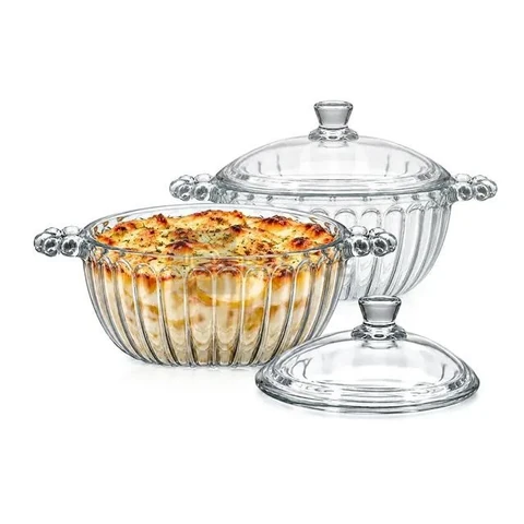 2 Travessas Assadeira Refratário Panela Redonda Tampa Alça Vidro Terrina 1L Forno Servir Mesa Caçarola Marmita