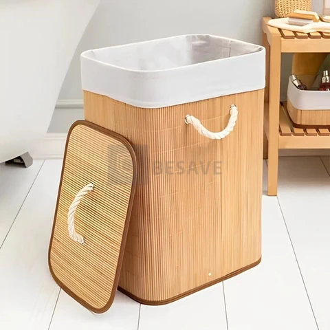 Cesto para Roupas Bambu Dobrável com Tampa Bege 60L Texfine