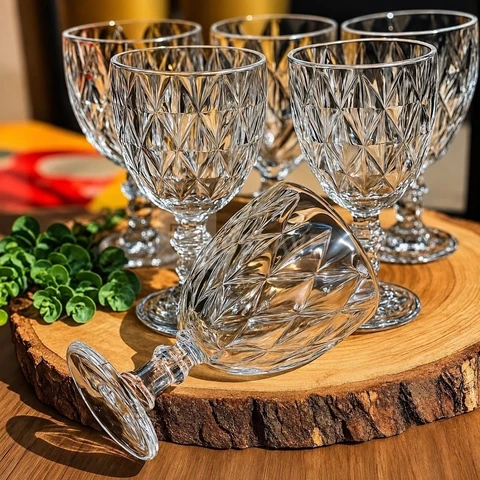 Jogo 6 Taças Vidro Diamond 340ml Conjunto Mesa Posta Água Suco Cozinha Decoração Presente Transparente