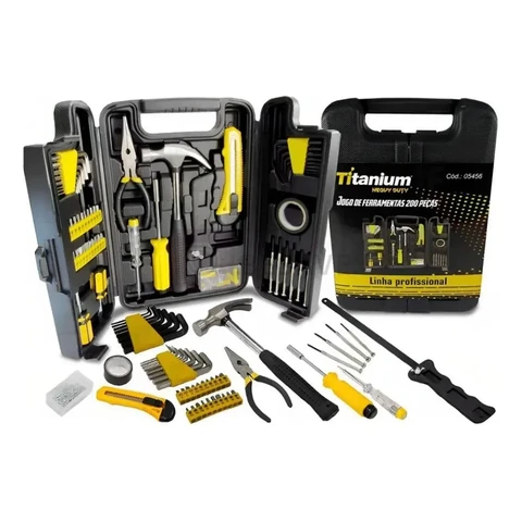 Kit Ferramentas 200 Peças c/ Maleta Titanium - Chaves, Alicates, Martelos, Serra - Aço Carbono - DIY Oficina Casa