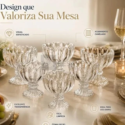 Kit 6 Taças de Vidro Cristal para Sorvete Sobremesa Açaí Mousse Salada de Frutas 135ml Canelada Transparente Base Decorativa Premium