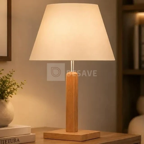 Abajur De Mesa Pé Quadrado Com Cúpula Algodão Chinesa