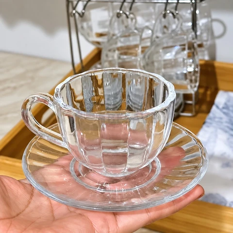 Conjunto de 6 Xícaras de Café Wolff Pétala Vidro com Pires 100ml para Cozinha Mesa Posta Decoração Sala Presente Prático