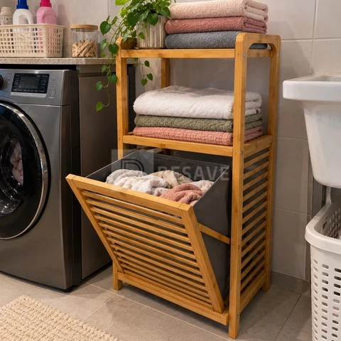 Rack De Bambu Cesto De Roupas Lavanderia C/ 2 Prateleiras Organizador Grande PREMIUM