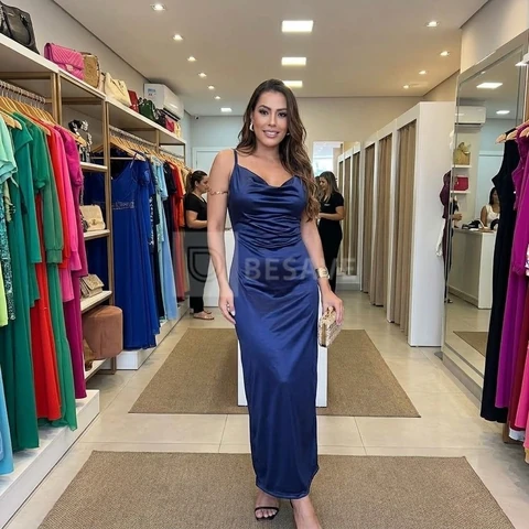 Vestido Midi Cetim Alça Fina Regulável Festa Elegante Luxo