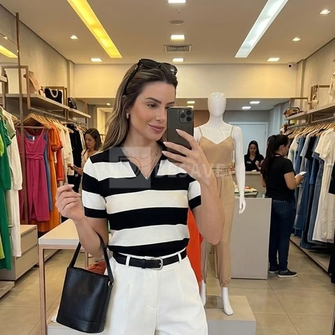 Blusa Gola Polo Listrada Feminina Tricot Modal Moda Inverno