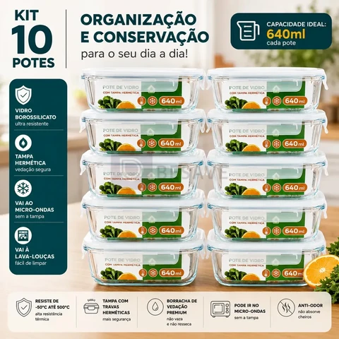 Kit 10 Pote De Vidro Marmita Hermetico 640ml Freezer Fitness Forno Micro-ondas Airfryer Com 4 Travas de Super Vedação Borossilicato Conjunto Organizador de Cozinha Geladeira Anti Vazamento