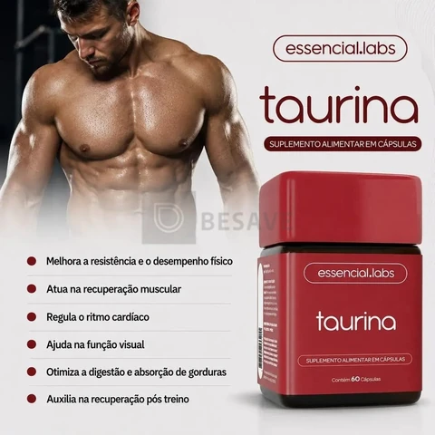 TAURINA com 1000mg por Dose - Fórmula Exclusiva com Máxima Concentração e Absorção - 60 Cápsulas