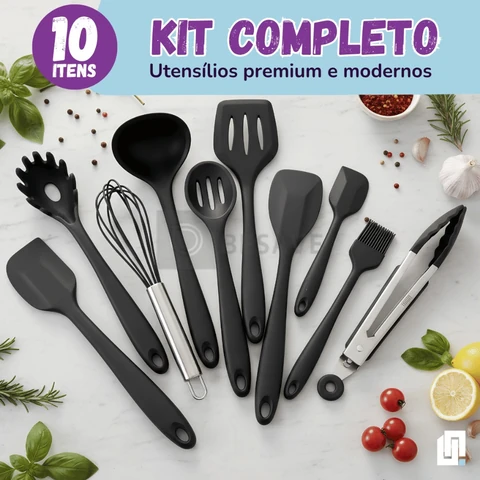 Kit 10 Peças Conjunto Utensílios Cozinha Silicone Inox Jogo Colheres Pegador Concha Preto Vermelho