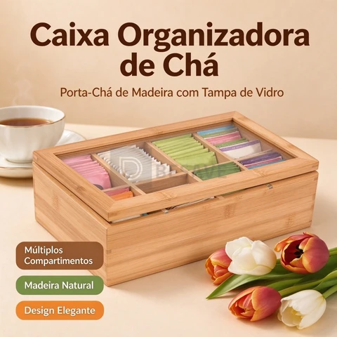 Organizador Porta Chá Sachê Bambu Caixa Decorativa Bijuterias 6/8 Divisórias Especiarias