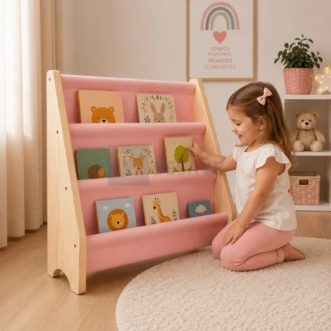 Estante Infantil Mini Rack Porta Livros Montessori Organizador Madeira Livreiro Montessoriano Rosa