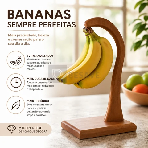 Suporte Para Banana Fruteira Gancho Madeira Maciça Bancada Cozinha Pendurar Frutas