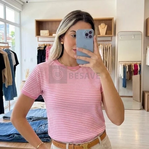 Blusa Feminina T-shirt Listrada Básica Social Manga Curta