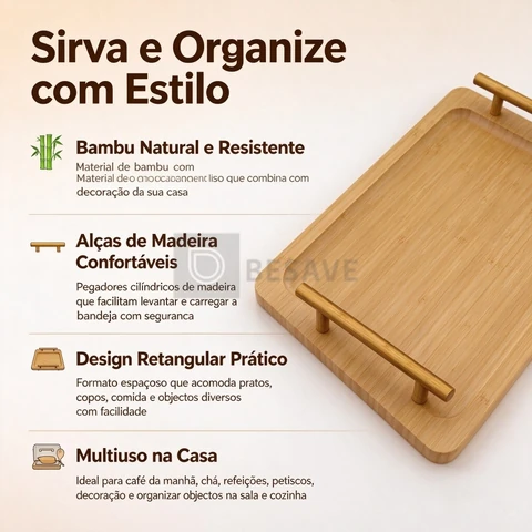 Bandeja de Bambu e Madeira com Alças Douradas -Decorativa e Moderna