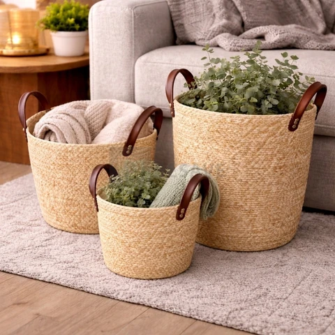 Cesto Organizador Fibra Natural com Alça 33x28cm Cor Moccá Decorativo Boho Multiuso