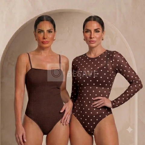 Kit 2 Bodys Feminino Bori Alcinha e body Tule Poa Bolinha Manga Longa Transparente Segunda Pele