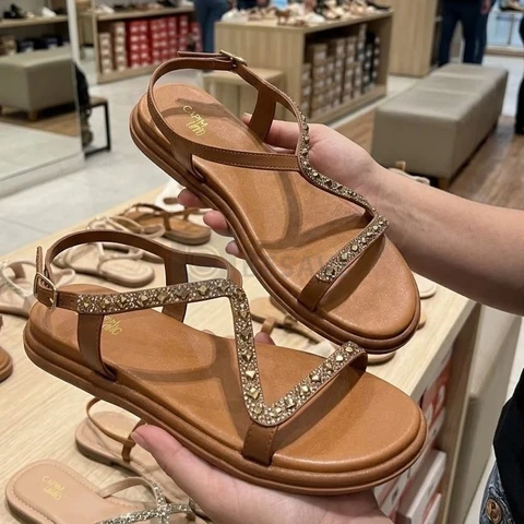 Sandália Papete Feminina Rasteira Brilho Strass Luxo Ajuste!