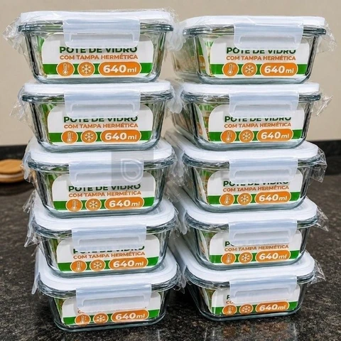 Kit 10 Potes Vidro Hermetico Vai Ao Forno Microondas 640ml Marmita Hermético Freezer Fitness Rishon