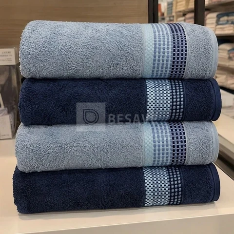 Jogo De Banho E Rosto 4 Pçs Algodão Venus Select Camesa Lisa Marinho Com Azul Claro