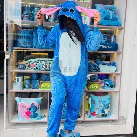 Pijama Macacão Kigurumi Stitch Feminino Adulto Plush Zíper