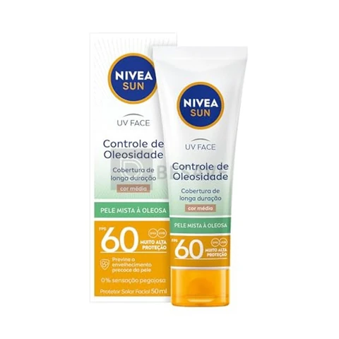 NIVEA SUN Protetor Solar Facial UV Face Controle de Oleosidade Cor Média FPS 60 50ml, Muito Alta Proteção UVA/UVB, Cobertura de Longa Duração, Efeito Matte, Cuidado Diário
