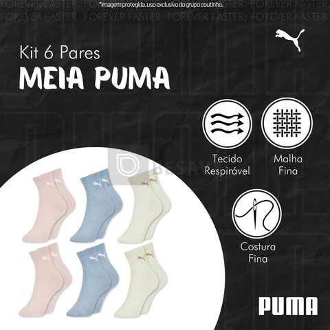 Kit 6 Pares Meia Puma Colors & Heart Cano Médio Feminino