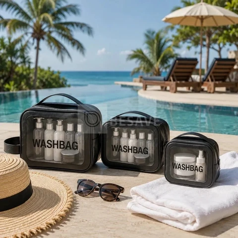 Kit 3 Necessaire Estojo De Toalete Organizador De Malas Kit Maternidade Cosméticos Shampoo Impermeável Ideal Para Áreas Molhadas Viagens Trabalho Academia Material PVC Qualidade Tche Amo Cor Azul