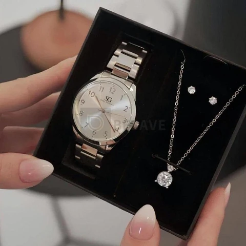 Kit Relógio Colar E Brincos Ponto De Luz Feminino Luxo Silver Saint Germain Presente Original Joias Prata Elegante Clássico 28mm