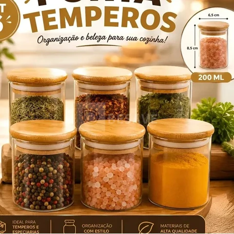 Kit 6 Pote Vidro Porta Temperos Hermético Cozinha Organiza V