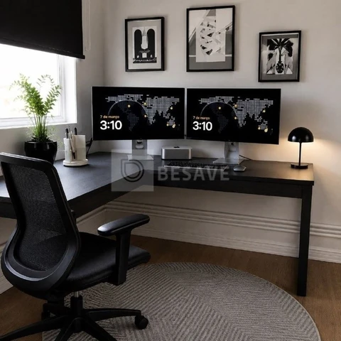 Escrivaninha Industrial Em L Berlim Mesa Escritório Home Office Para Estudo De Canto Em MDF Cor Preto
