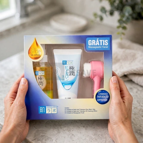 Kit Dupla Limpeza com Massageador Facial - Hada Labo® Cleansing Oil 200ml + Gokujyun Face wash 100g Limpeza Facial Profunda e Gentil - Remove Maquiagem e Hidrata a pele