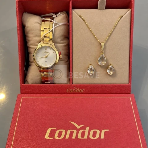 Relógio Feminino Condor Dourado Fundo Rosa Com Conjunto Semi-joia Co2036mxe/k4t