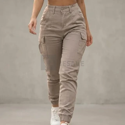 Calça Cargo Jogger Jeans Feminina Cintura Alta Com Lycra