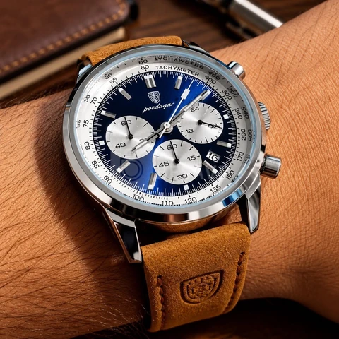 Relógio Luxo Poedagar Masculino Pulseira Em Couro Funcional