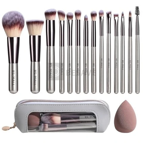 BS-MALL Conjunto de Pincéis de Maquiagem – 14 Peças com Estoque Premium para Base Sintética, Corretivos em Pó, Sombras e Blush – Inclui Esponja e Estojo Prático para Viagem