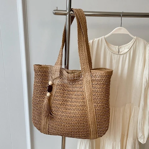 Bolsa de palha de grande capacidade para férias casuais praia portátil nova moda bolsa de ombro tecida Multineos Escritó