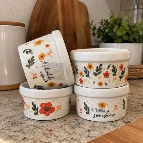 04 Potes Grande Porcelana Floral Decoração 210 ml