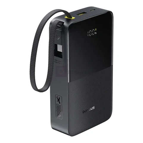 Power Bank Baseus Bipow2 Pro FC51 20000mAh 22,5W Carregamento Rápido Cabo USB-C Integrado Display Digital Carrega 3 Dispositivos Proteção Inteligente Preto