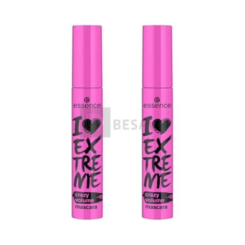 Kit 2 Máscaras de Cílios I Love Extreme Crazy Volume Preta essence, Mega Volume, Alongamento, Preto Intenso, Textura Cremosa