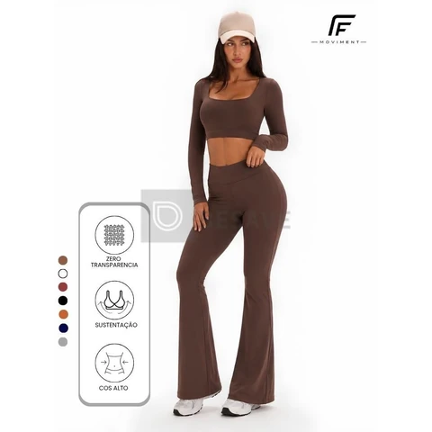 Conjunto de Academia Feminina Liso Zero Transparência Suplex Poliamida Flare Manga Longa Fitness