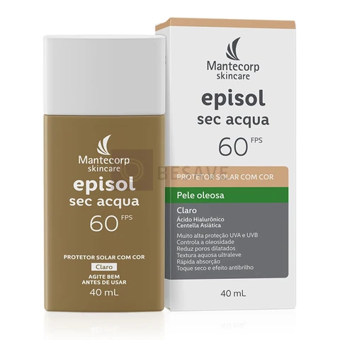 Mantecorp - Protetor Solar Episol Sec Acqua FPS 60 Claro - Base Aquosa Ultraleve com Cor - Proteção e Controle da Oleosidade - 40ml