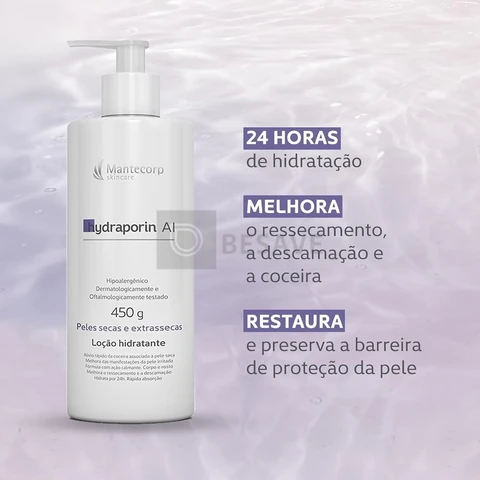 MANTECORP - Hidratante Corporal Hydraporin AI - Hidratação Intensa para Peles Secas e Sensíveis, Hidrata 24h, Ação Anti-inflamatória e Calmante - 450g
